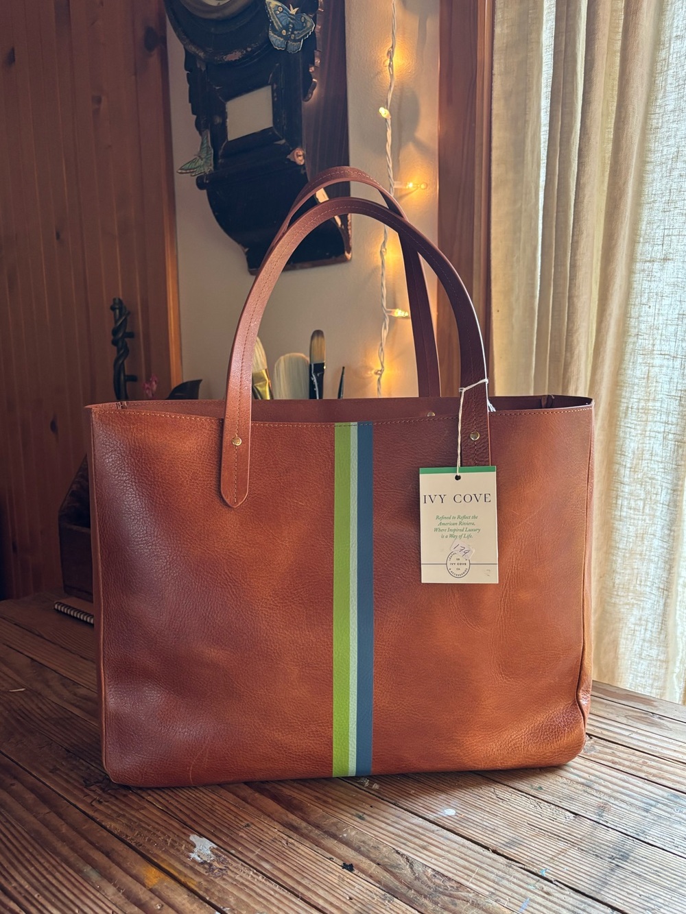 NWT Ivy Cove Brown Genuine Leather Tote with Green & Blue Stripe